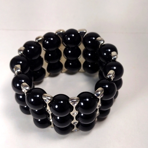 Silver Multi-Row Black Beaded Bracelet – Sparkling Crystal Statement Jewelry - Picture 4 of 7